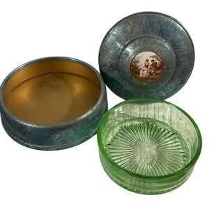 ANTIQUE VASELINE URANIUM GLASS powder puff bowl inside a tin lidded container